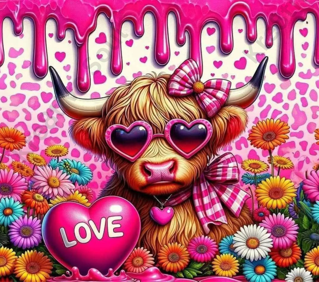 Sublimation Prints - KS 001 Pink Drip Highland Cow (20 oz Skinny Tumbler)