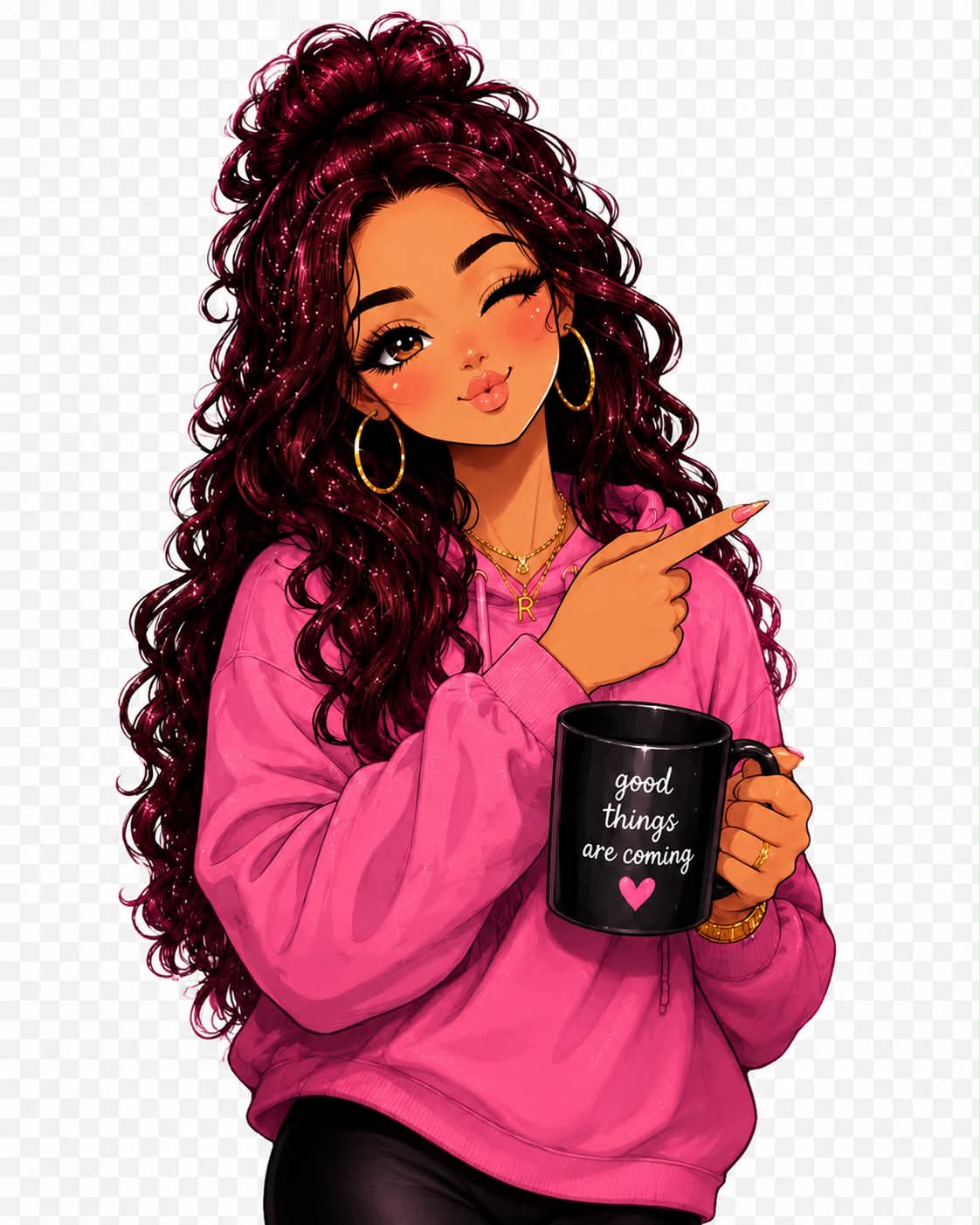 Kre8tive Soul mascot character holding a mug that says good things are coming